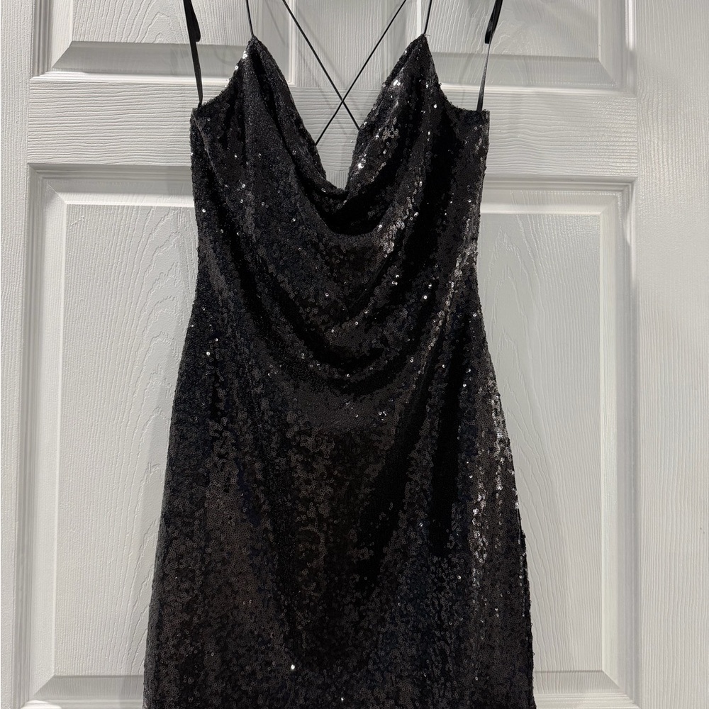 Black Sequin Cowl-Neck Mini Dress